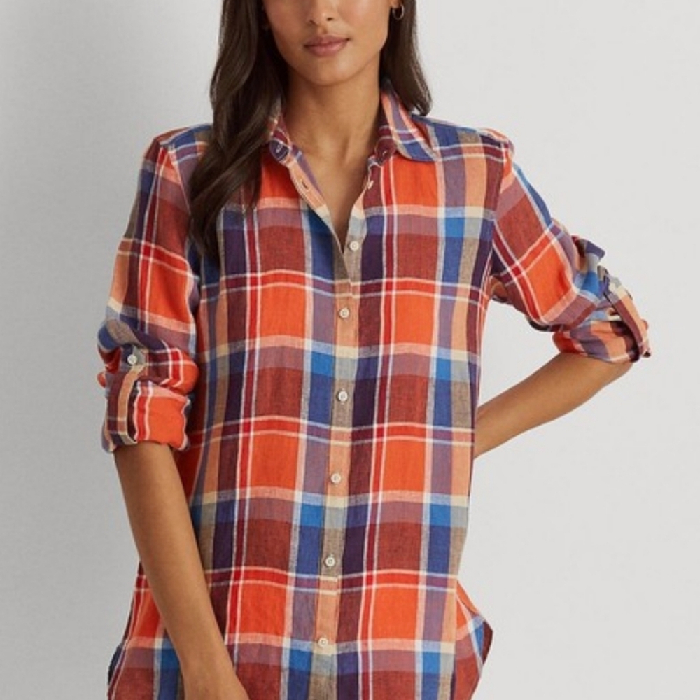 Lauren Ralph Lauren Plaid Linen Shirt. Size Large. Orange/Blue. Western Cowgirl. - Picture 16 of 16